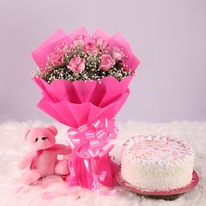 Pink Rose With Teddy N Cake